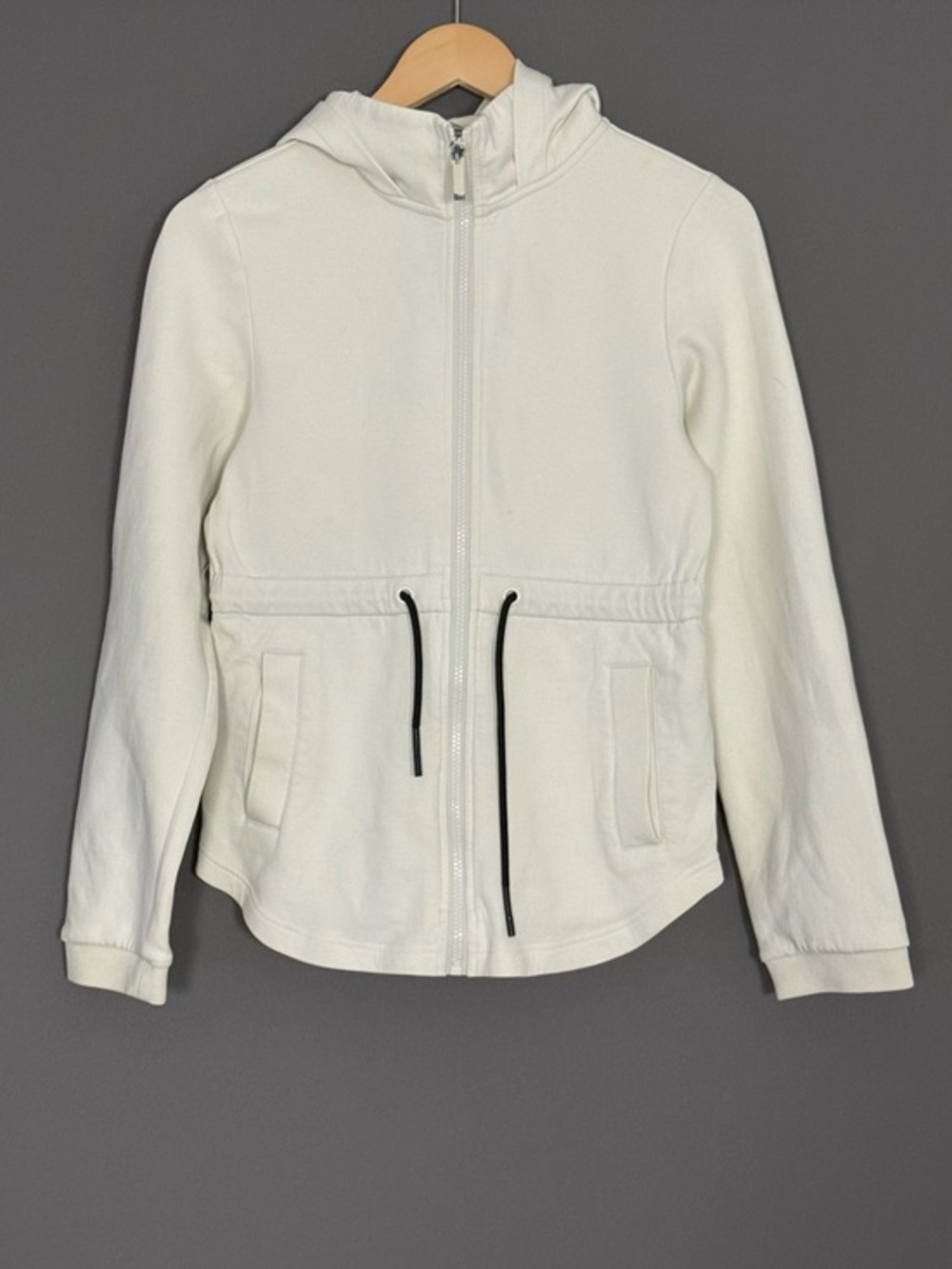 Varley Colby Zip Hoodie Jacket Zip Up Drawstring Cream XS Minimalist Athleisure